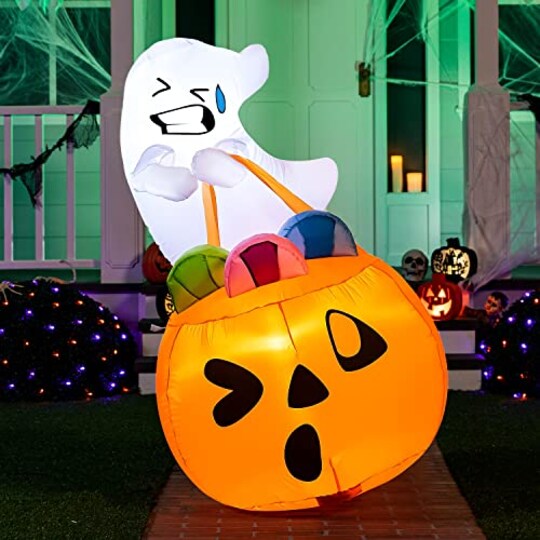 Joiedomi; 5 FT Tall Halloween Inflatable Cute Ghost Inflatable Lift Pumpkin Candy Bag with Build-in LEDs Blow Up Inflatables for Halloween Party Indoor, Outdoor, Yard, Garden, Lawn Decorations; Category:Pumpkin Decor; Image:1